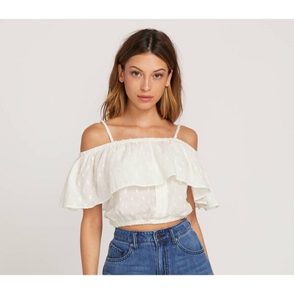 VOLCOM Winding Roads Cami Crop Tank Top Sz L White Polka Dot Off Shoulder Ruffle - Picture 3 of 16